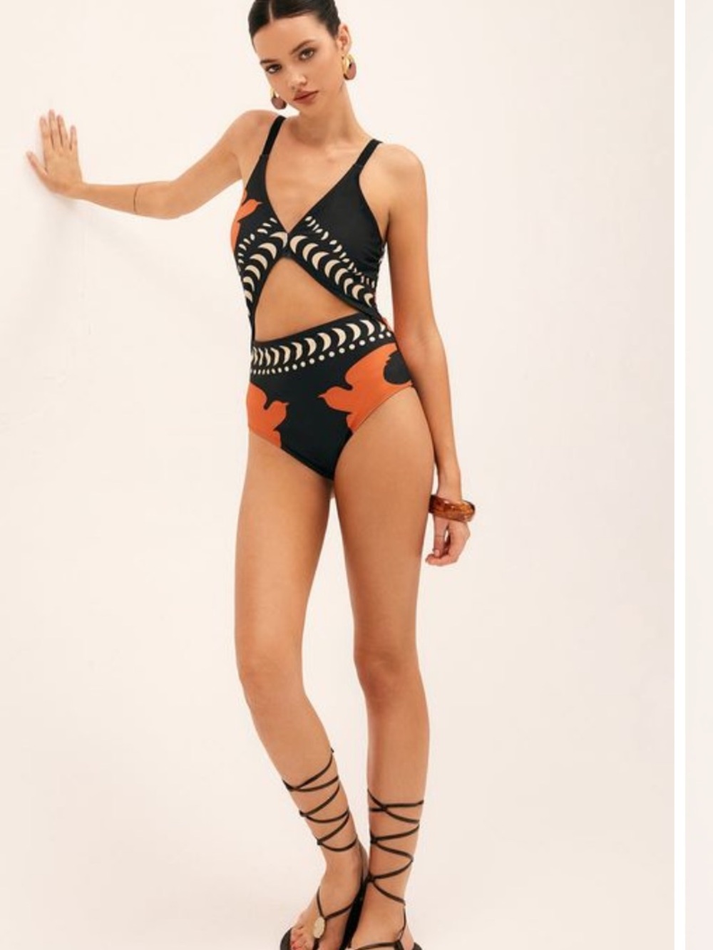 Black & Orange Bird Print Cutout One-Piece Swimsuit